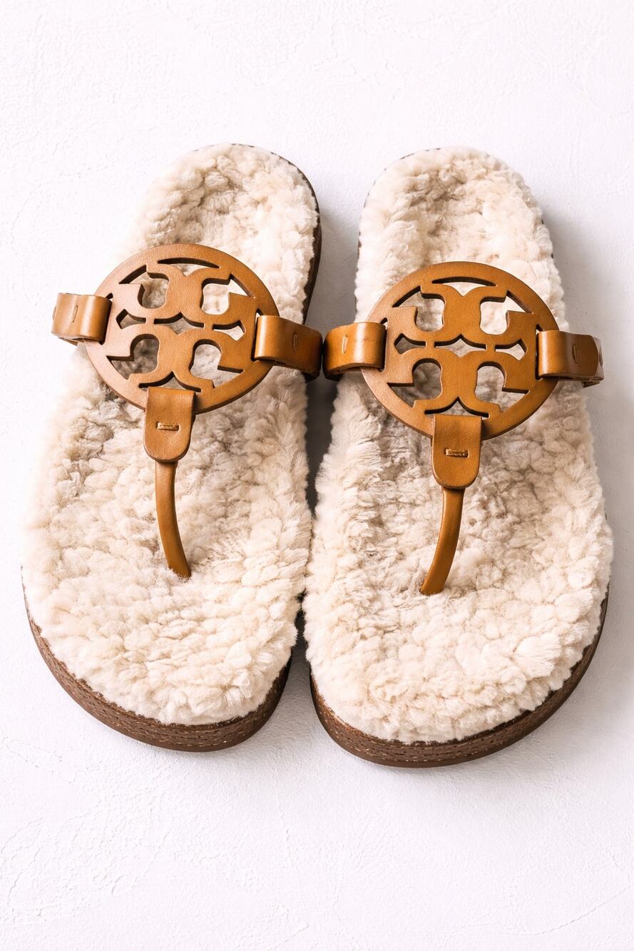 Tory Burch Miller Cloud Shearling Sandals Caramel 7